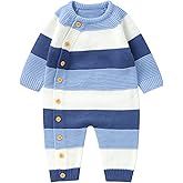 Licupiee Newborn Girl Boy Striped Sweater Romper Fall Long Sleeve Full Length Playsuit Winter Warm Button Up Knitted Jumpsuit