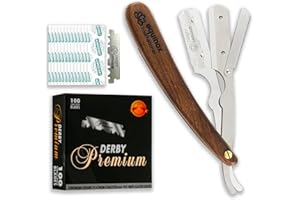EQUINOX INTERNATIONAL Equinox Fancy Straight Edge Razor - Manual Shaver for Men - Includes 100 Disposable Derby Blades - Wooden Handle - Barber Kit - Straight Razors for Men - Navajas para barbero - retro straight razor
