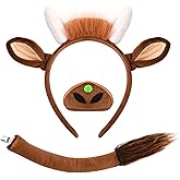 JcHrmers 3 Pcs Cattle Costume Set Cattle Ears Headband Nose Tail Fancy Animal Costume for World Book Day Halloween Party Accessories