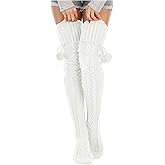 HYTENSUN Women’s Cable Knit Thigh High Socks - Over the Knee Winter Leg Warmers with Pom Pom Tie, Cozy Long Boot Stockings