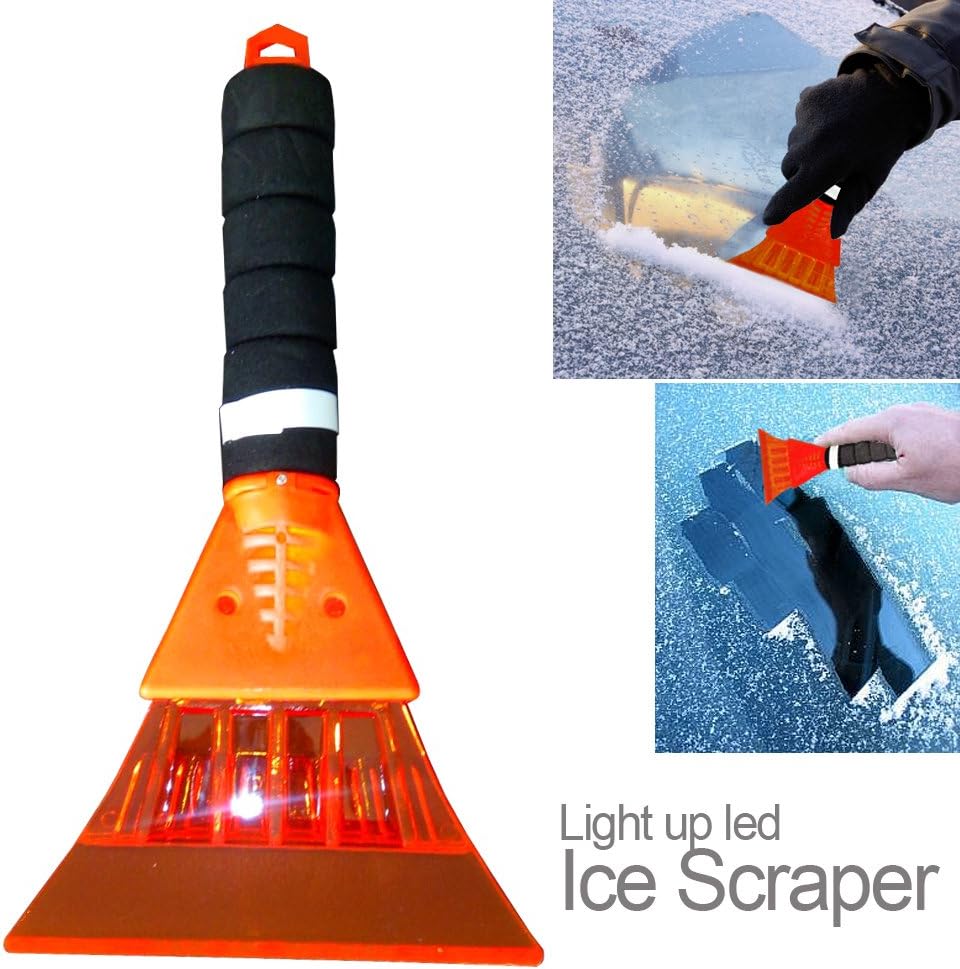 Light Up LED Ice Scraper 2 Pack - Comfort Grip Handle - Remove Toughest Ice and Snow (Orange)