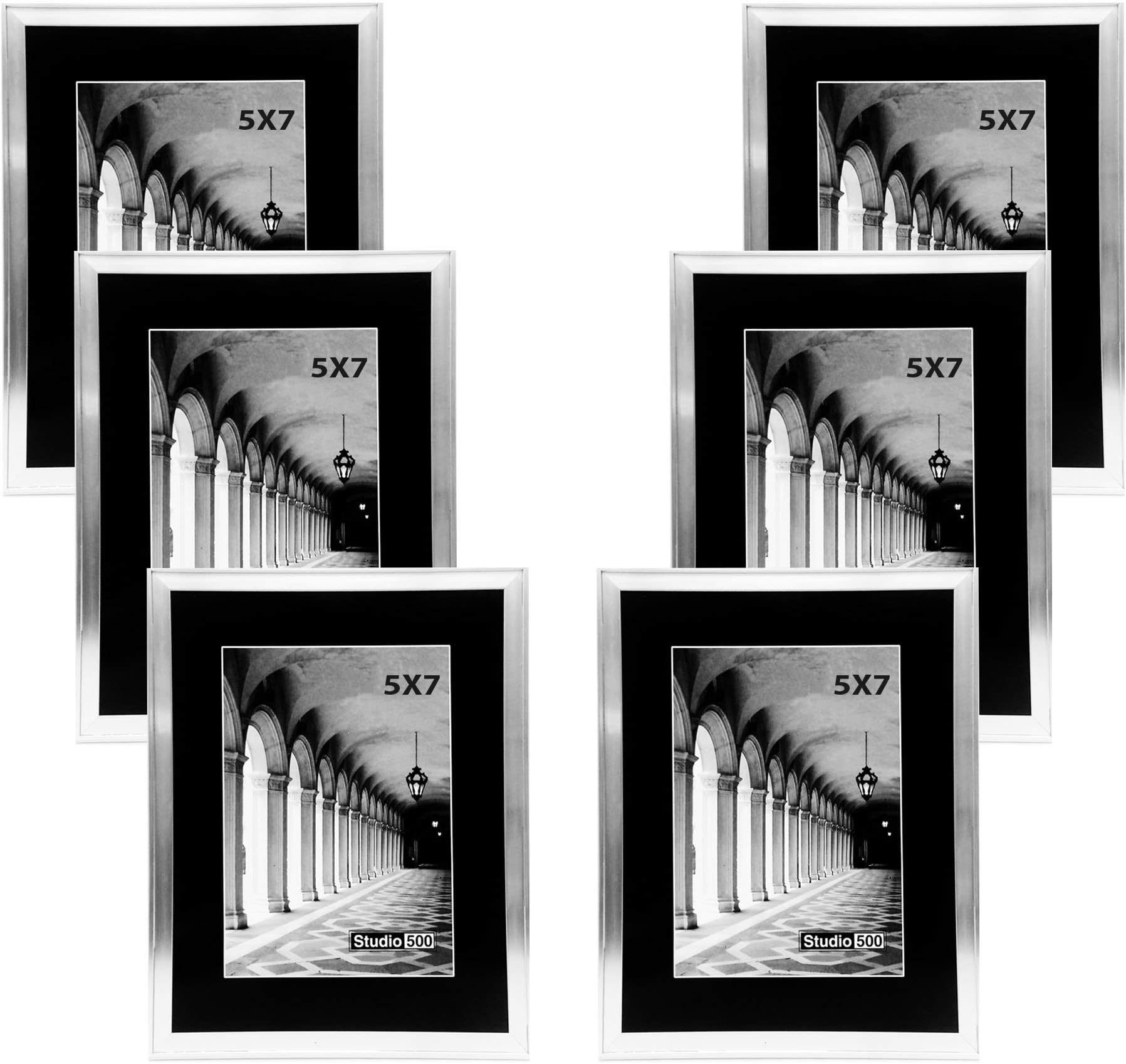 Studio 500~ 6PC Value Pack, Silver 5 x 7 Picture Frames, Clean Cut Picture Frame Collection