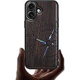 Carveit Magnetic Wooden Case for iPhone 16 Case, Wood Artisan Engraved & Handmade Shell Inlaid, TPU Shockproof Cover, Compatible with MagSafe Wireless Chargers (Incomplete Compass) Blackwood