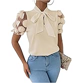 OYOANGLE Women's Tie Neck Sheer Short Puff Sleeve Blouse Elegant Business Casual Top