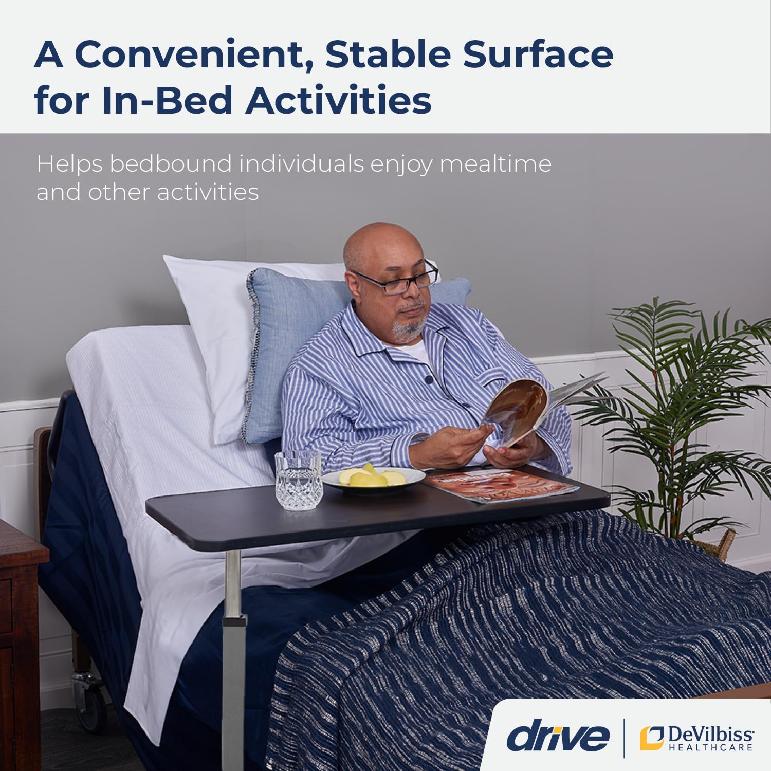 Drive Medical 13067 Non Tilt Top Overbed Table with Wheels and Secure Height Adjustment,Tray Table for Hospital or Home Use, Bedside Rolling Overbed Table, Silver Vein