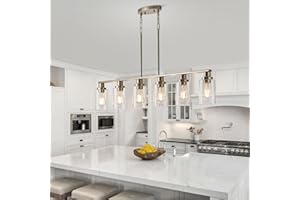 KPIOK Dining Room Light Fixtures Over Table,6-Light Farmhouse Kitchen Island Lighting,44.3'' Linear Chandelier Pendant Lighting for Kitchen Island for Brushed Nickel Finish with Clear Glass Shade