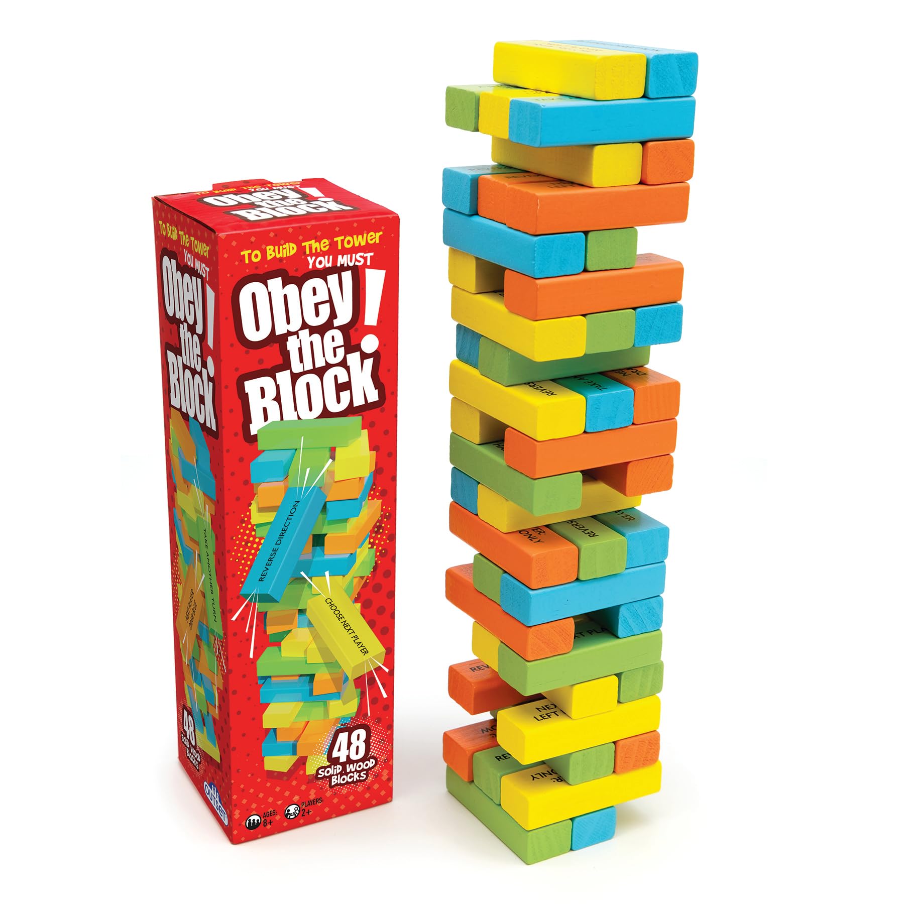 Outset Media Obey The Block - Traditional Wooden Tumbling Tower Block Game, Family Fun for Kids and Adults, Classic Children's Stacking Game that Promotes Speed, Reaction and Tactics