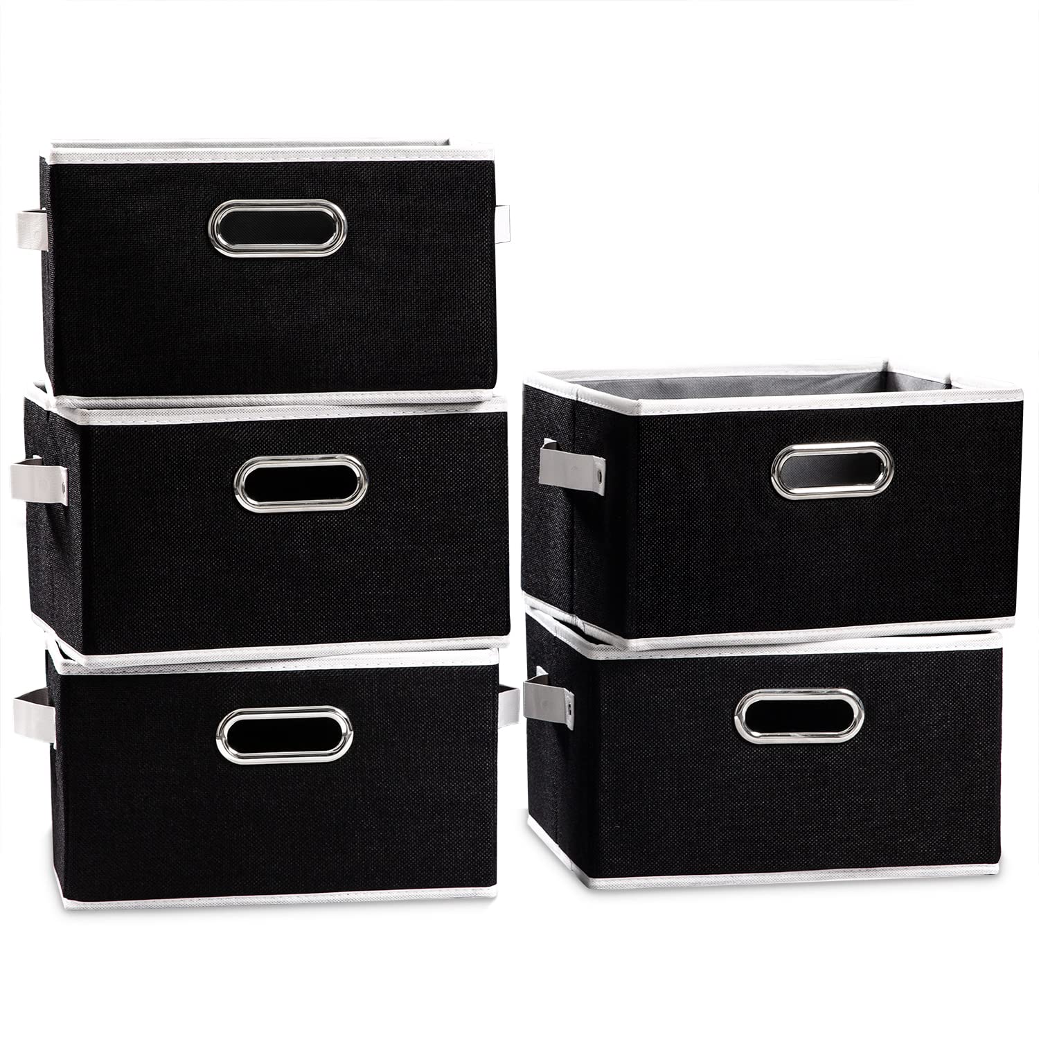 Photo 1 of PRANDOM Fodable Storage Baskets for Closet [5-pack] Decorative Fabric Storage Bins Cubes with Leather/Metal Handles for Shelves Bedroom Living Room Black (11.5x8.5x6.7 Inch)
