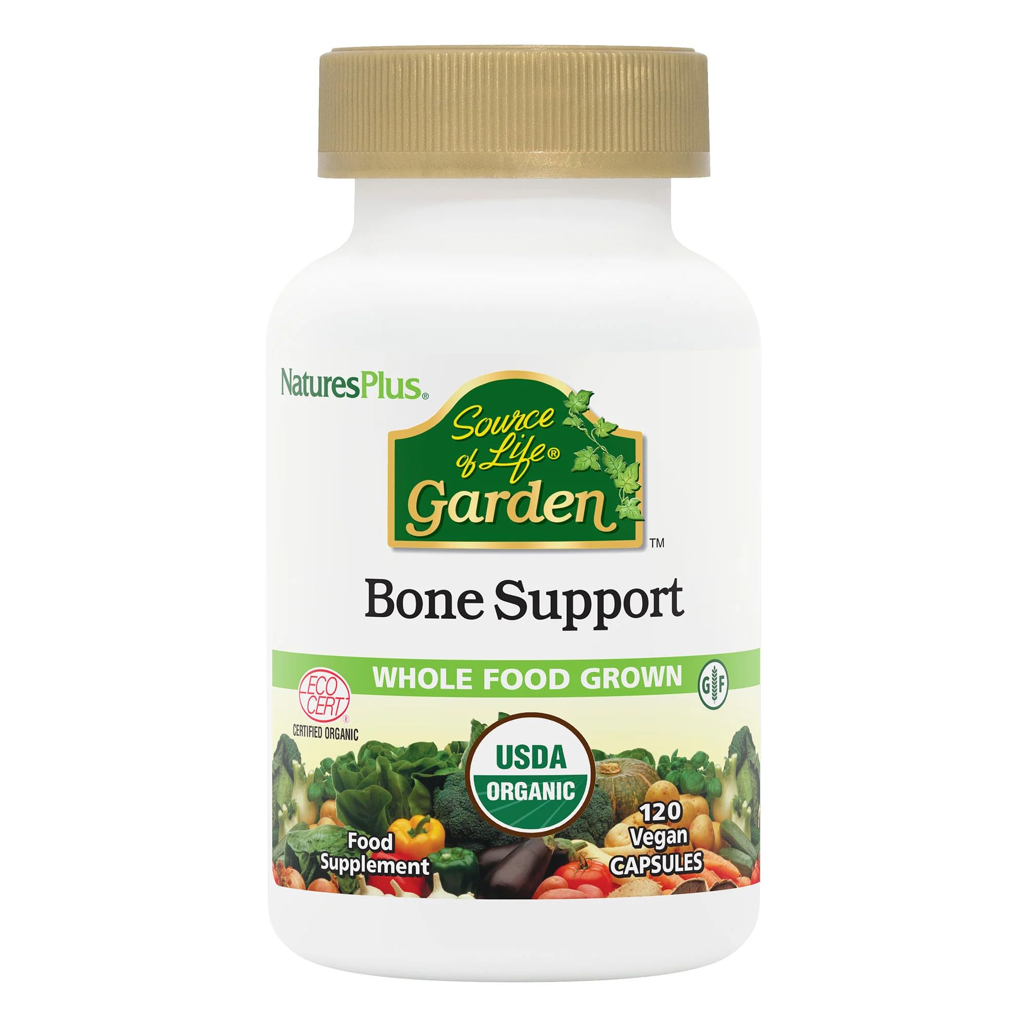 NaturesPlus Source of Life Garden Bone Support - Organic AlgaeCal Calcium and Magnesium with Vitamin D3, K2, C, Trace Minerals - Gluten Free, Vegan - 120 Capsules