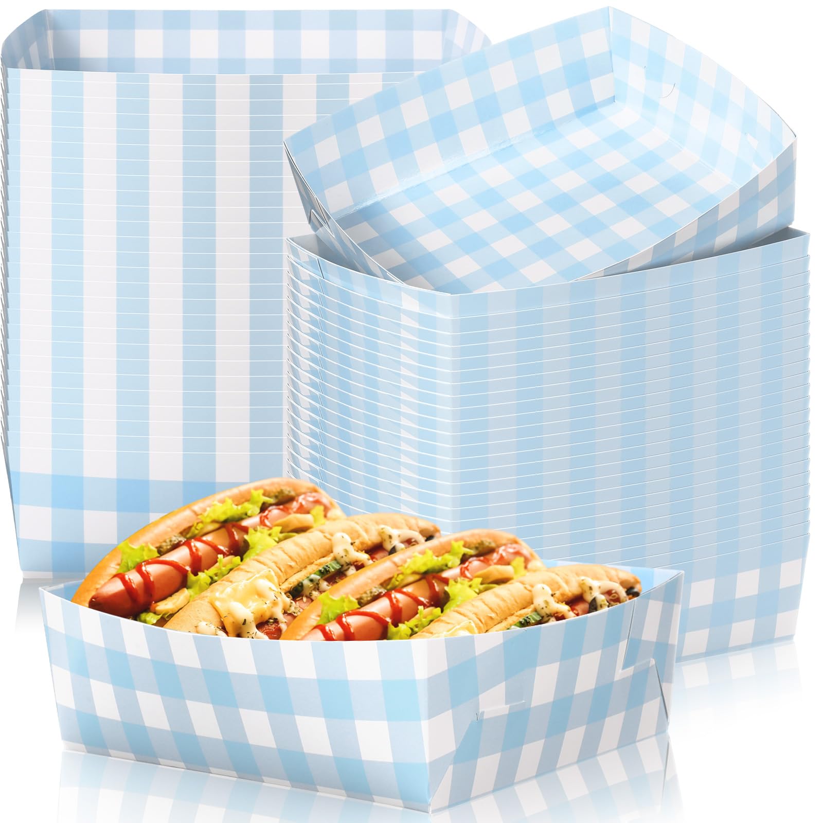 Photo 1 of Suclain 48 Pack Light Blue and White Gingham Paper Trays 5 lb Grease Resistant Large Snack Serving Trays Disposable Food Boats for Baby Shower Wedding Party Supplies