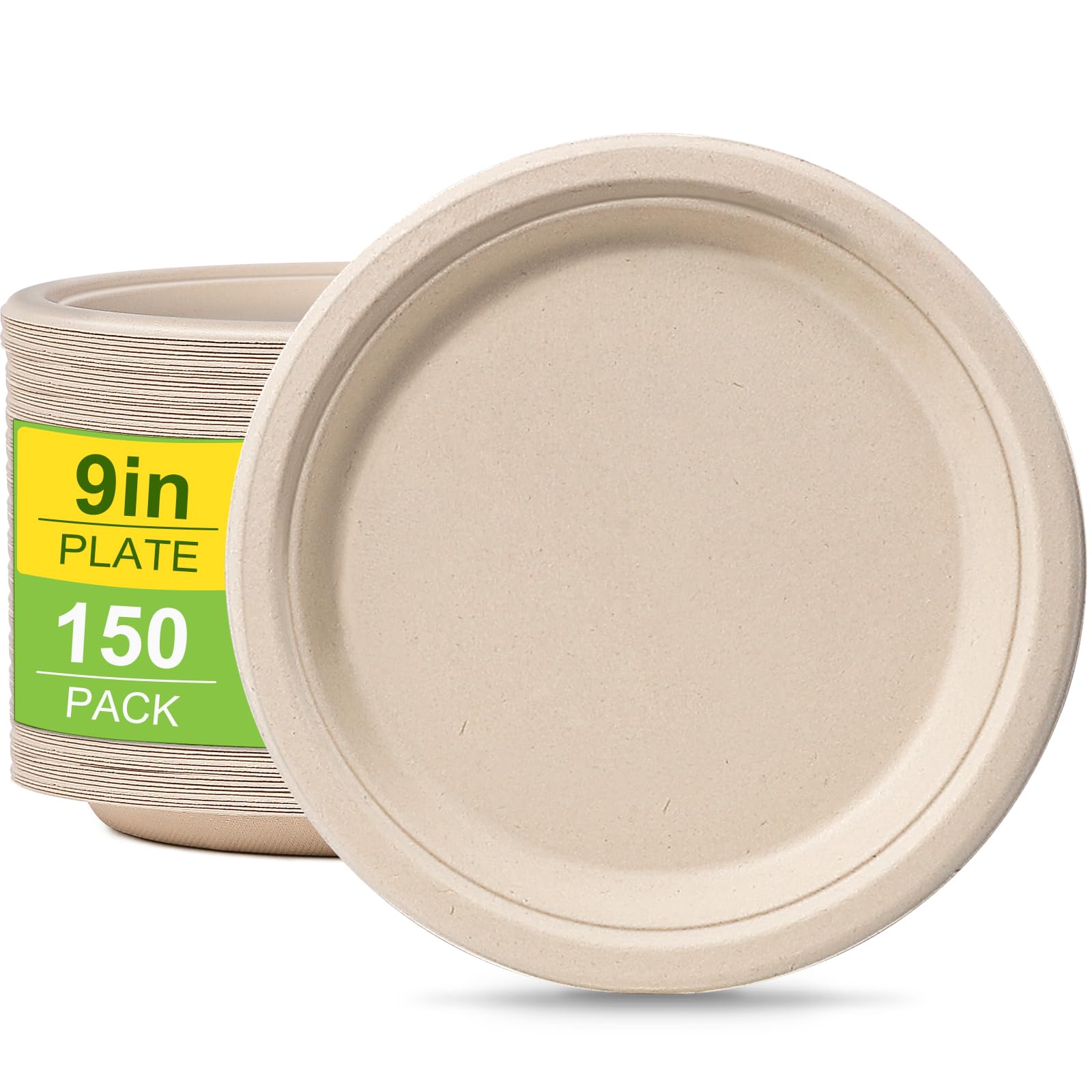 greensight Rigid Disposable Paper Plates Brown 9 inch 150 Pack Eco-Friendly, Sugarcane Strong Heavy Duty Large Plates Compostable Dishes Tray for Party BBQ