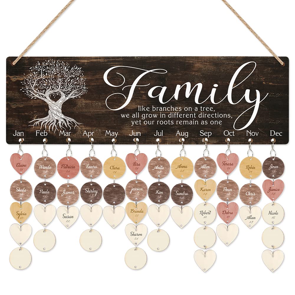 CHDITB Family Birthday Reminder Calendar Board16x5 DIY Birthday Gifts for Mothers Day Wooden Family Wooden Birthday Calendar Family Keepsakes Birthday Reminder Wall Hanging With 100 Heart/Circle Tags