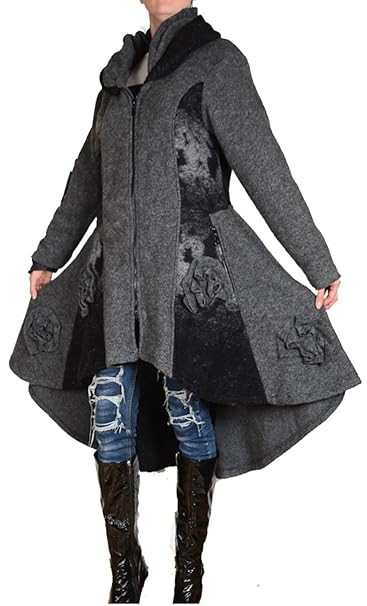 Damen Patchwork Wolle Lagenlook Wintermantel Mantel Swinger Trench Coat 40 42 44 46 48 M L XL XXL Grau Übergang Winter