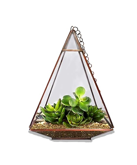 GIG Handicrafts Modern Brass & Glass Metal Geometric Terrarium Tilted Cube Table Top Planter Table Decor Table Planter (16 cm x 16 cm x 29 cm)