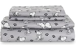 Berkshire Blanket Peanuts® Kids Sheet Set Queen Size - 4 Pieces,Cute Character Snoopy Printed Soft Microfiber Bed Sheets,Peanuts Poses and Paws Grey
