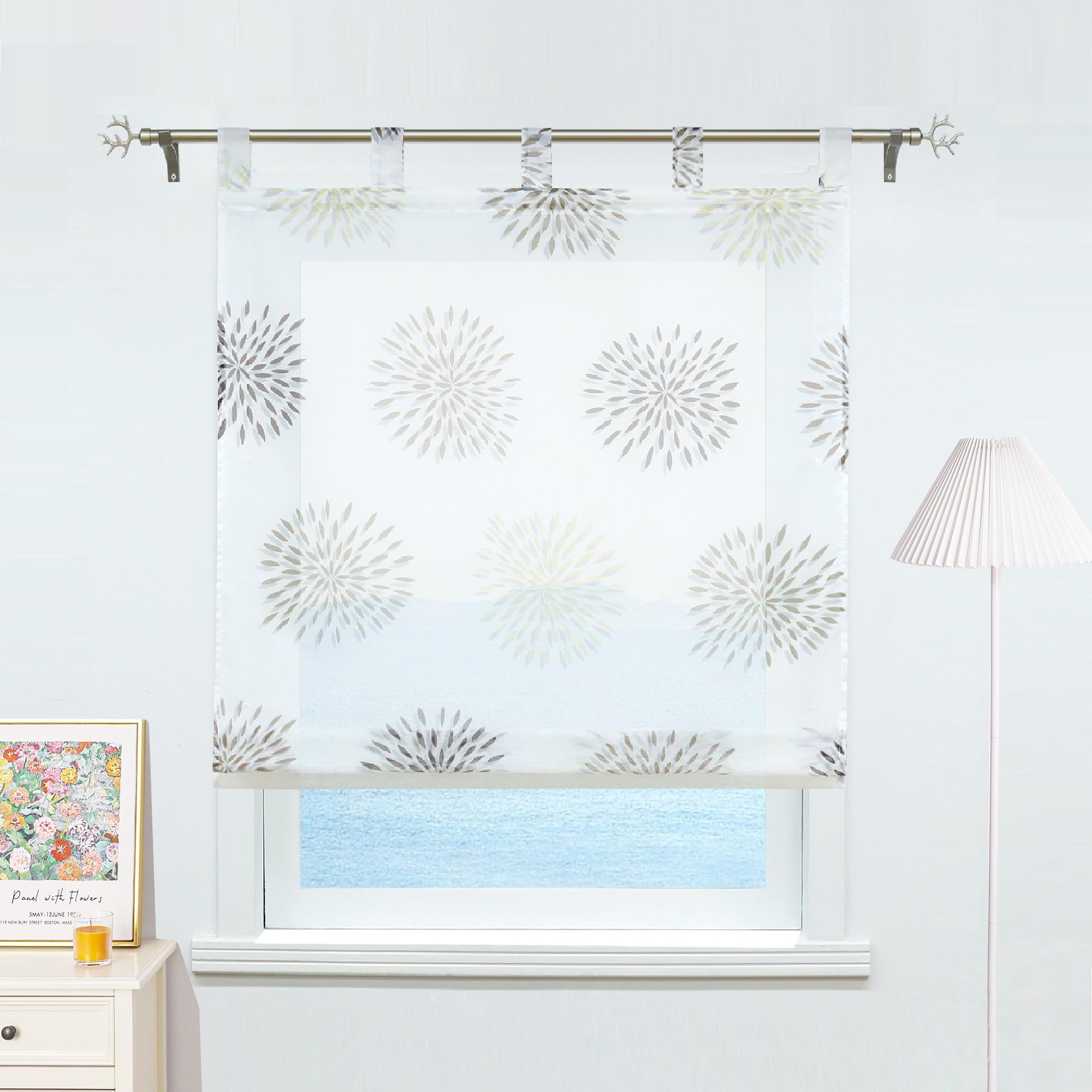 Eslir Roman Blind with Tabs, Kitchen Roman Curtains, Transparent Tab-Top Blind, Curtains, Circle Motifs, Modern, Voile, Brown, W x H 120 x 140 cm, Pack of 1