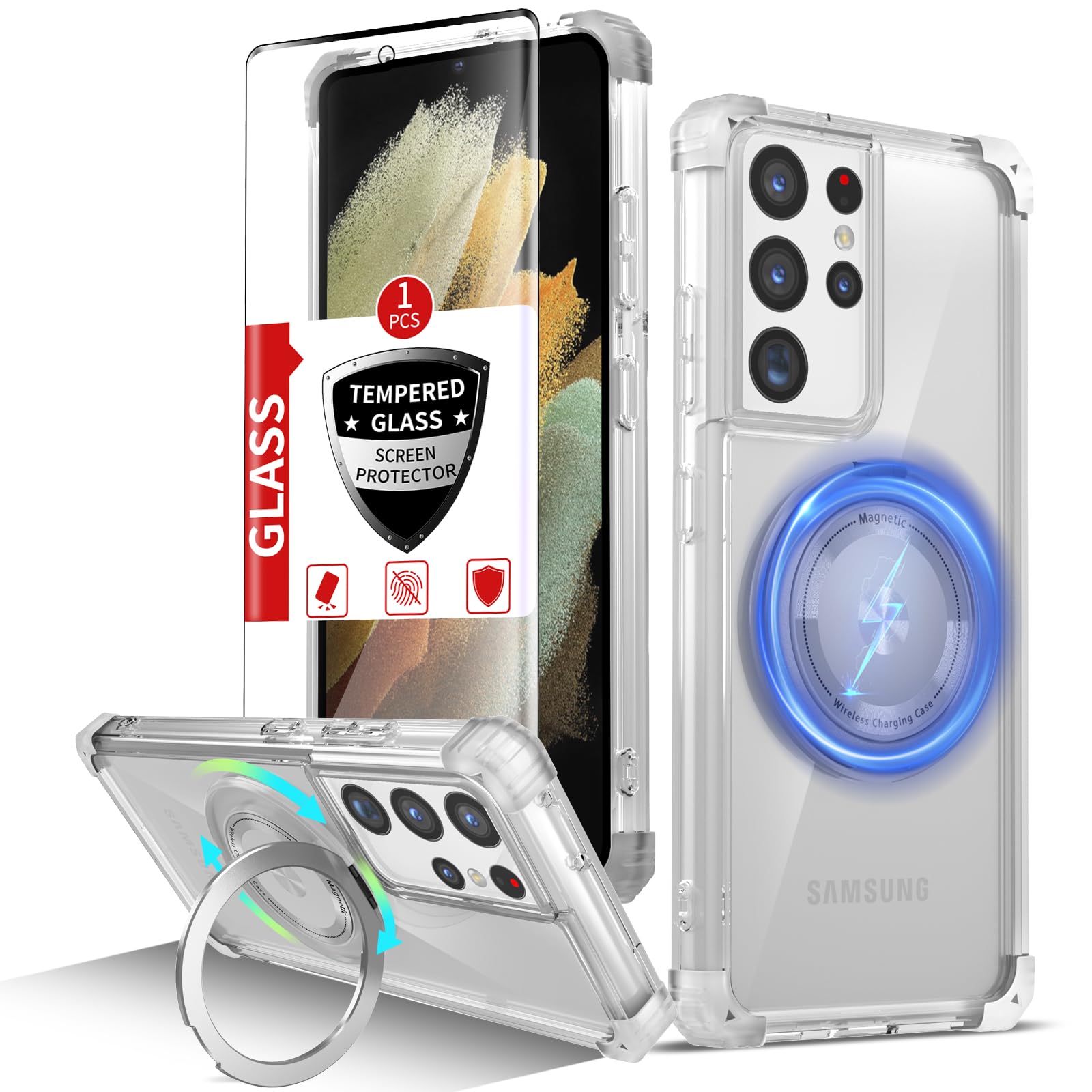 Photo 1 of IYTRRYH for Samsung Galaxy S21 Ultra Case Compatible Wireless Charging Magnetic,with Screen Protector,for S21Ultra Phone Case with 360°Stand Ring Military Grade Shockproof Heavy Duty Protection Clear