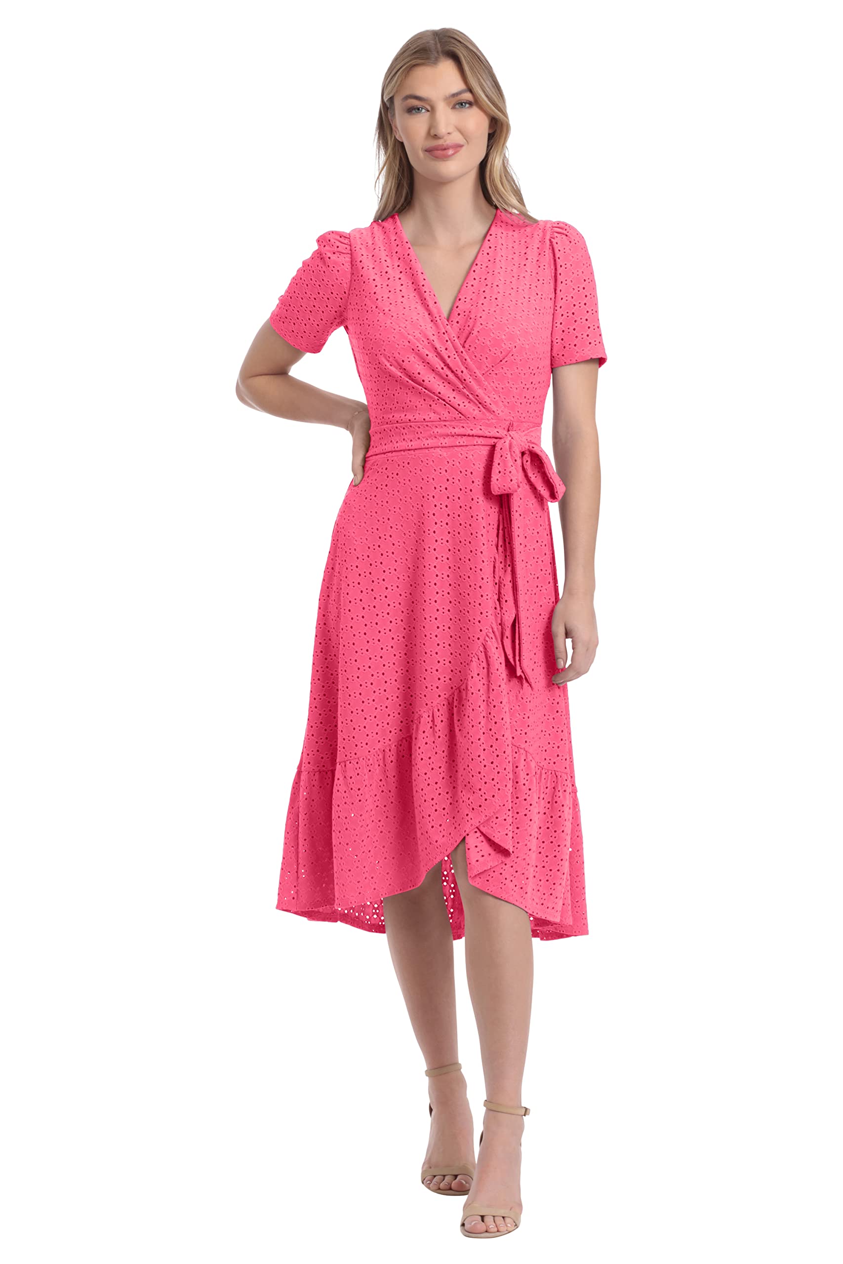 London Times Womens Dresses Short Sleeve Ruffle Wrap, Hot Pink, 8 US