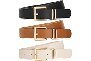 SANSTHS 3 PACK Women Leather Belts for Jeans Pants Dresses Fashion Ladies Waist Belt with Gold Square Buckle