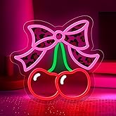 Cherry Bow Neon Sign for Wall Decor,Dimmable Cute Fruits Cherry Neon Light,Leopard Print Bow Light Up Signs for Girls Women Bedroom Party Bar Background Valentine's Day Decorations Gifts