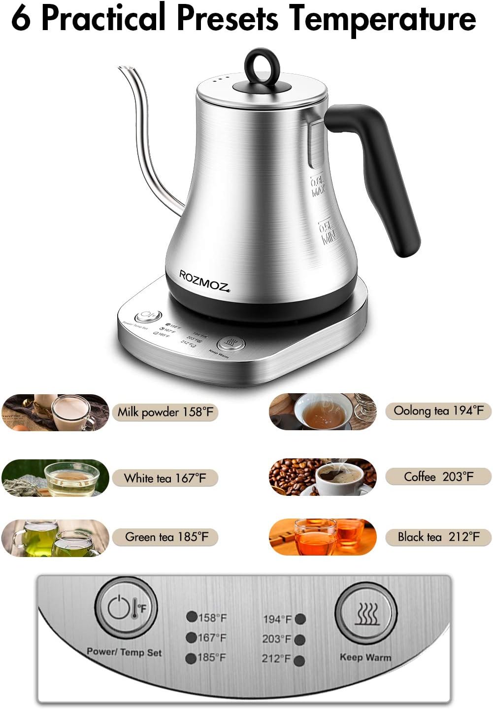 Rozmoz Electric Kettle with Temperature Control, Pour Over Kettle 304 Stainless Steel Tea & Coffee Gooseneck Kettle 0.8L, 1000 Watt Quick Heating: Kitchen & Dining