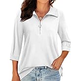 ZENUTA 3/4 Length Sleeve Womens Tops, V Neck T Shirts Zipper Collar Work Blouses for Women Dressy Casual Polo Shirts Fall Top