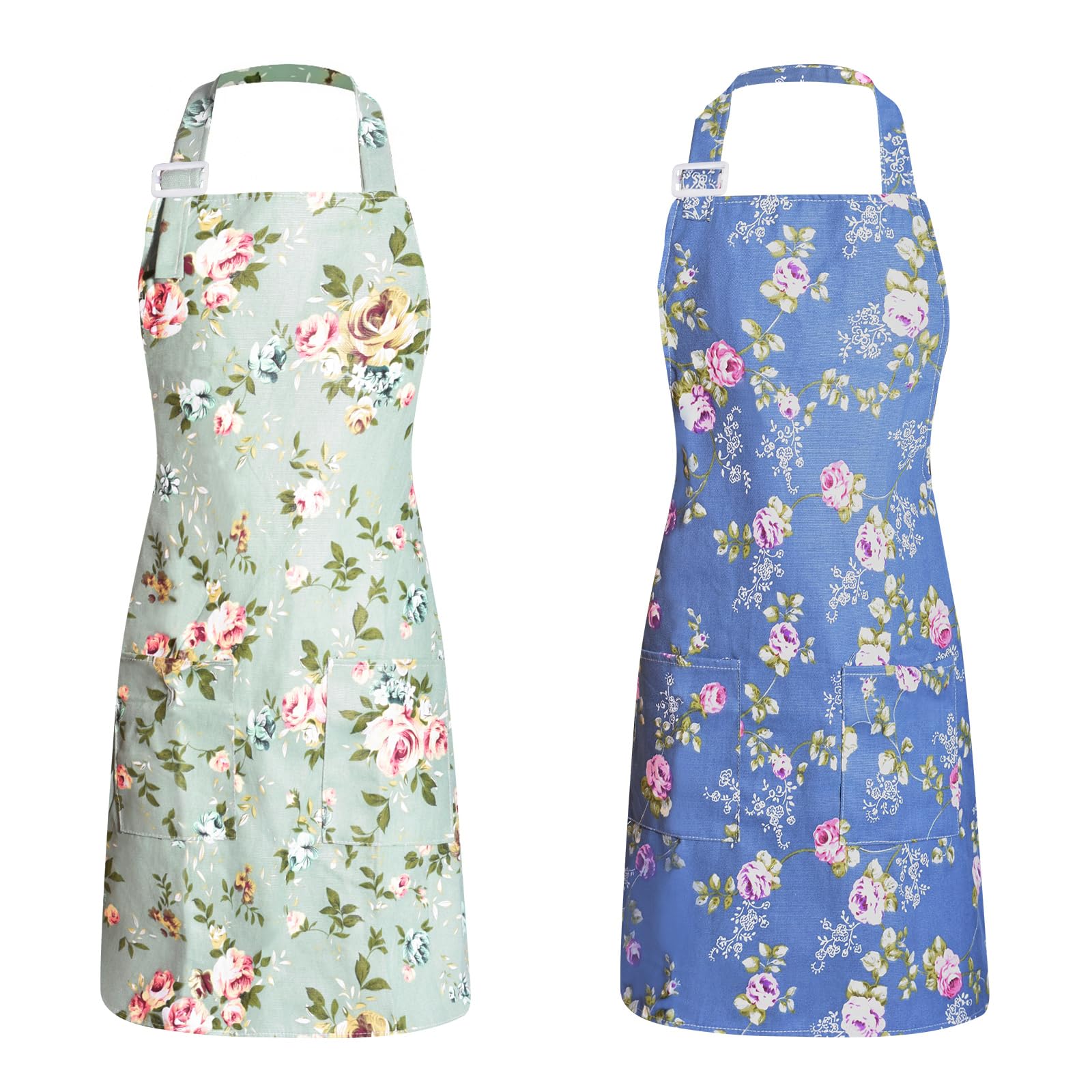 FEISIGE 2 Pcs Adjustable Kitchen Aprons for Women - Floral Chef Aprons with Big Pockets, Ideal for Cooking, Baking & Gardening (Durable, Machine Washable)