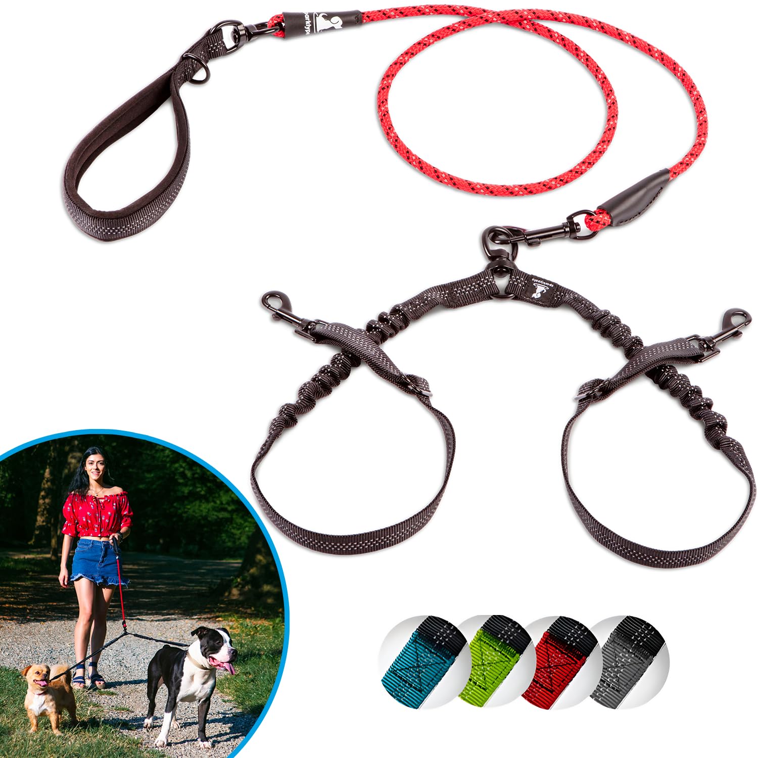 SparklyPets Dual Dog Leash for 2 Small Dogs – Tangle Free Rope Bungee Double Leash for Two Small Breeds with Adjustable Couplers & Soft Handle (Red, S)