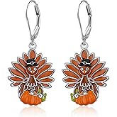 Thanksgiving Turkey Pumpkin Earrings for Women Sterling Silver Fall Christmas Dangle Earrings Holiday Jewelry Gift
