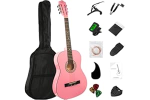 BESYOU 38in Beginner Acoustic Guitar Basic Starter Kit Tuner Bag Capo Strings Winders Strap Picks Student/Kids Guitar Pickguard with Gig Bag Pink