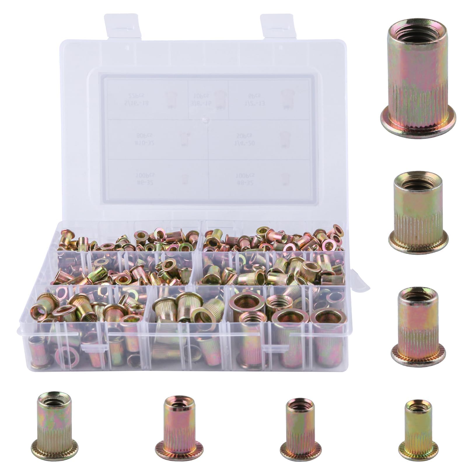 SPEEDWOX 368pcs Rivet Nut Assortment Kit Yellow Zinc Flat Head Rivnut Set Threaded Insert Nut Set Stainless Steel Rivet Nuts Kit 304 Stainless Steel #6-32#8-32#10-24 1/4"-20 5/16"-18 3/8"-16 1/2"-13