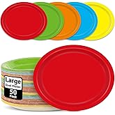 Qyeahkj 50 PCS Colorful Oval Paper Plates 11" Large Colorful Rainbow Party Supplies,5 Classic Colors Disposable Platter for BBQ Gathering Picnic Burger Cookout Tray Dinner Carnival Birthday Tableware