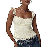Women Y2k Lace Floral Tank Top Sleeveless Low Cut Square Neck Ruffled Backless Camisole Summer Going Out Crop Top (Pale Yellow, S)
