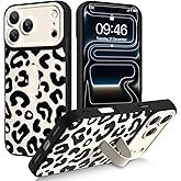 ZIYE Cute Case for iPhone 17 Pro Max with Finger Hand Strap Kickstand,Black Leopard Pattern Phone Case with Finger Hand for Women Men, Slim Full Camera Protection Shockproof Phone Cover
