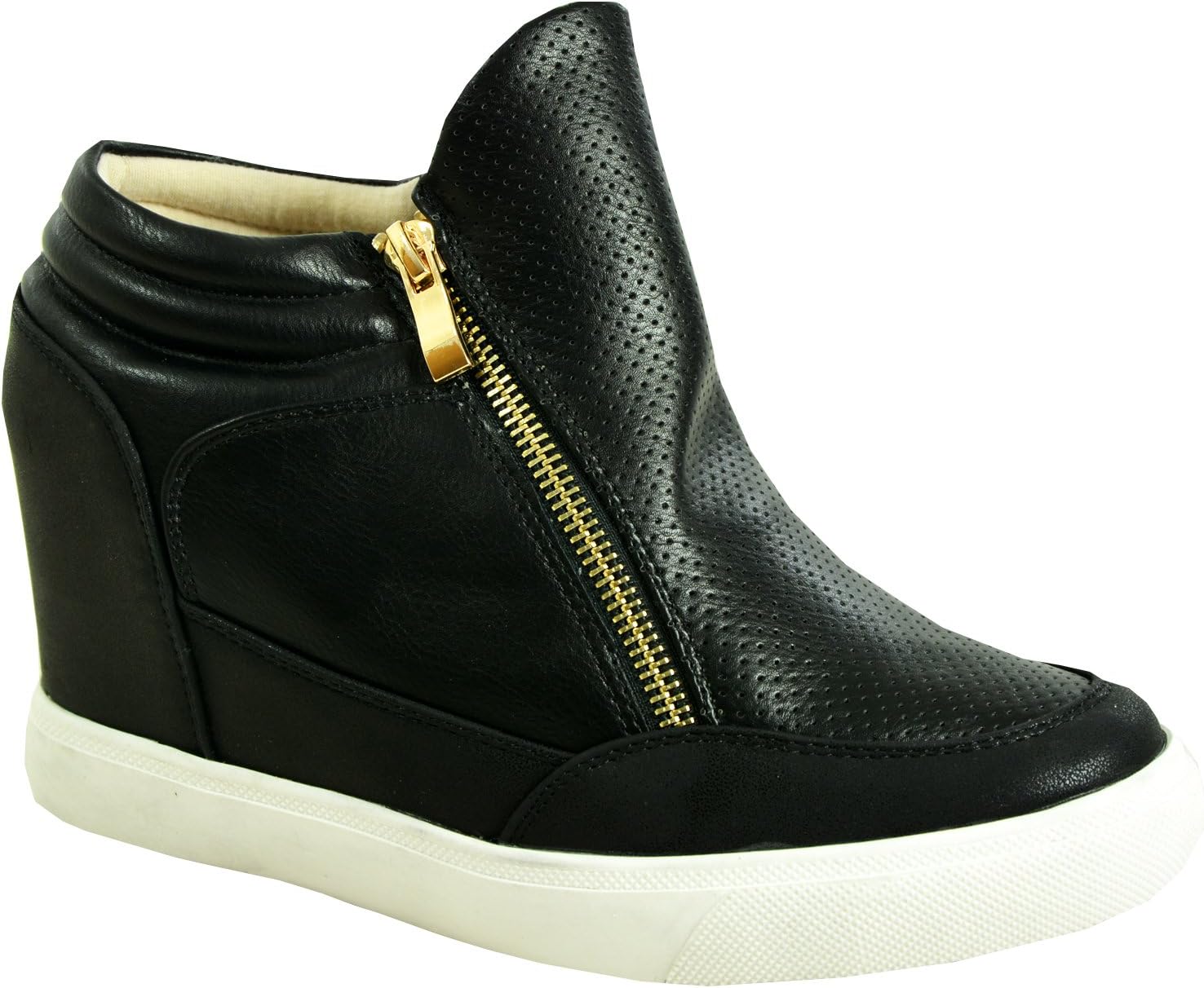 Cucu Fashion Womens Low Wedges Ladies Side Zip Ankle Trainers Sneakers Black Pu Shoes Size UK 6