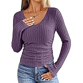 ANRABESS Womens Long Sleeve Shirts V Neck Ribbed Knit Slim Fit Lightweight Sweater 2025 Fall Dressy Casual Travel Work Tops