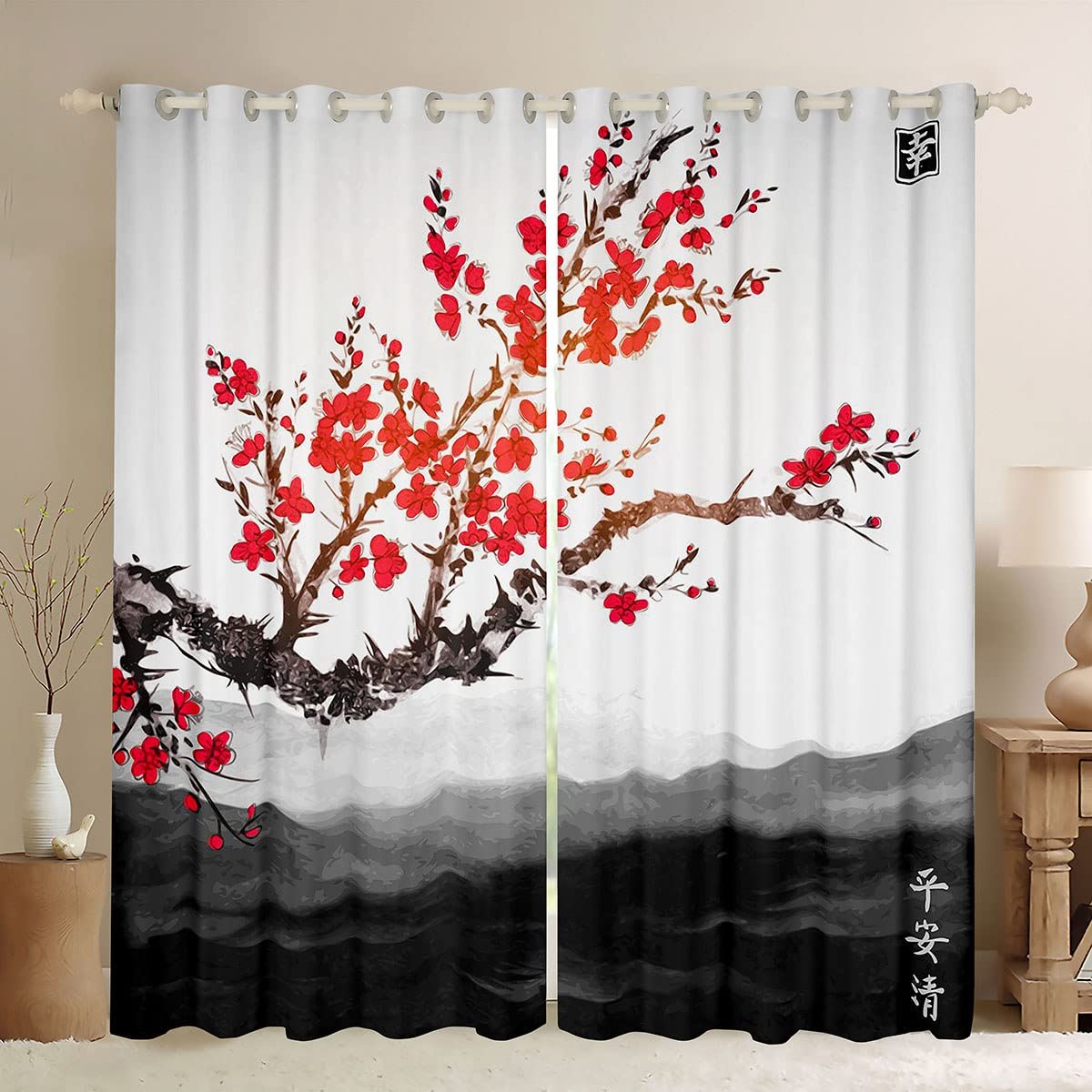 Loussiesd Japanese Style Ukiyoe Curtains Cherry Blossoms Comforter Set Adult Japanese Red Floral Window Curtains for Bedroom Living Room Watercolor Branches Window Treatments W46*L72