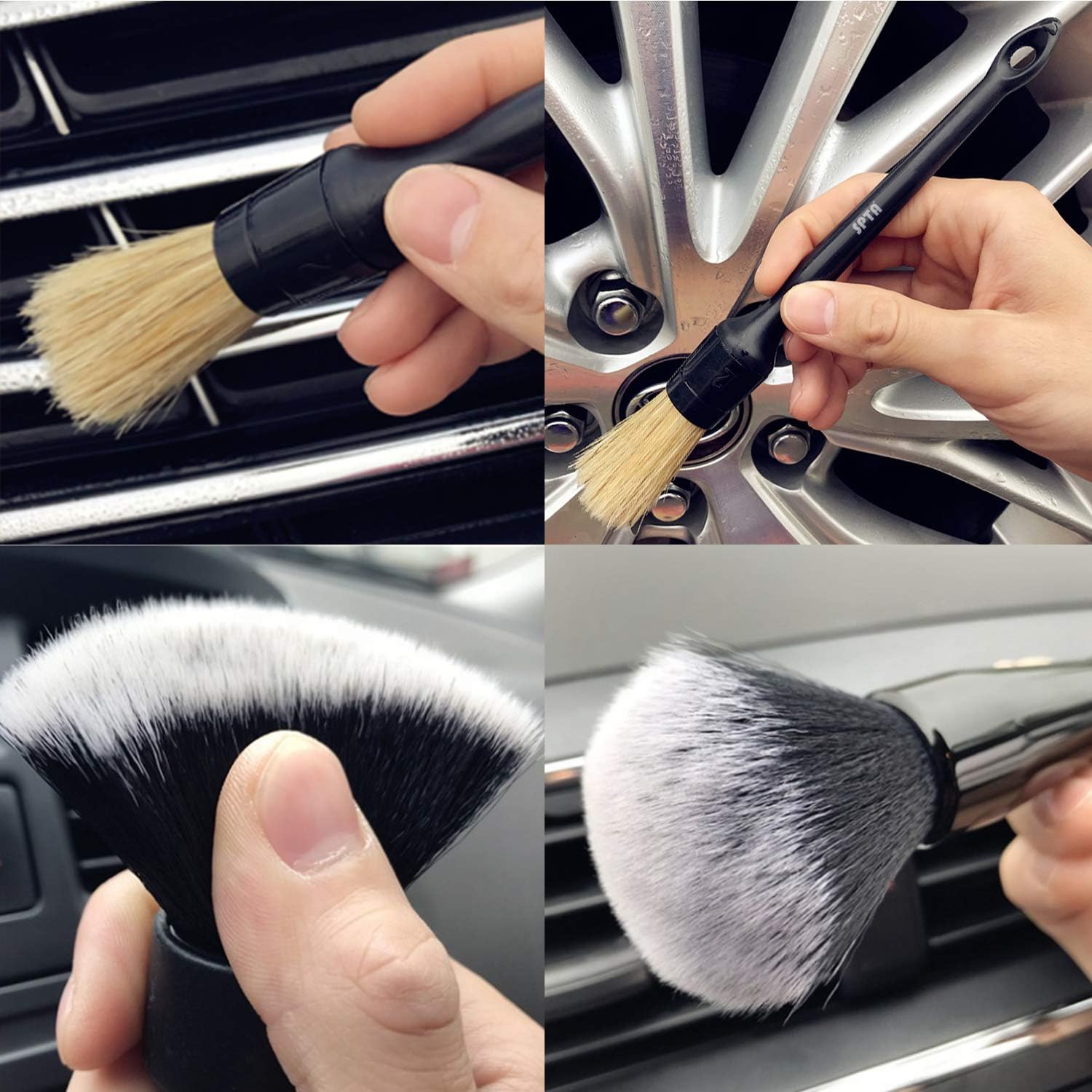 SPTA Car Detailing Brush Kit - 6 Pack, Auto Boar Hair Detail Brush Set Automotive Interior Exterior No Scratch Microfiber Detailing Brushes for Cleaning Air Vents, Engine Bays, Dashboard & Wheels: Automotive