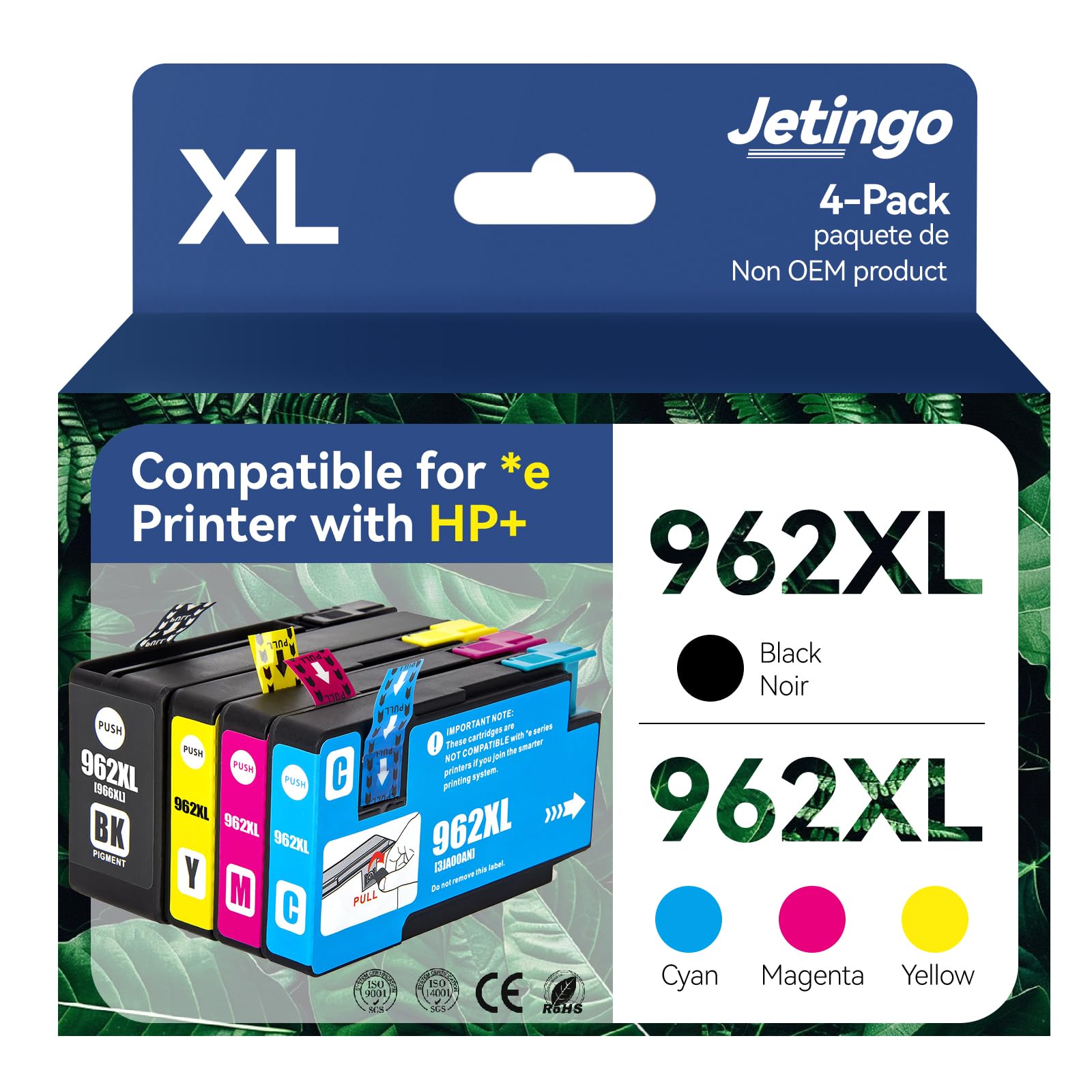 Photo 1 of **UNKNOWN DAMAGES** Jetingo 962xl Ink Cartridges Combo Pack for HP 962XL Black and Color Replacement for HP OfficeJet Pro 9010e 9015e 9010 9012 9015 9018 9025 Printers (4-Pack Black Cyan Magenta Yellow) (962-4P)