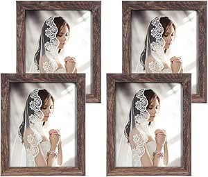 Q.Hou 8x10 Picture Frame Wood Patten Rustic Brown Photo Frames Packs 4 with High Difinition Glass for Tabletop or Wall Decor (QH-PF8X10-BR)
