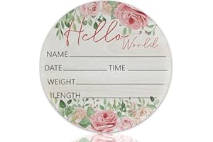 CLHHM Hello World Pink Rose Theme Baby Name Sign Birth Announcement Plaque with Name Date Weight 6" Round Birch Wood Nursery Decor Newborn Hospital Keepsake Gift for Parents