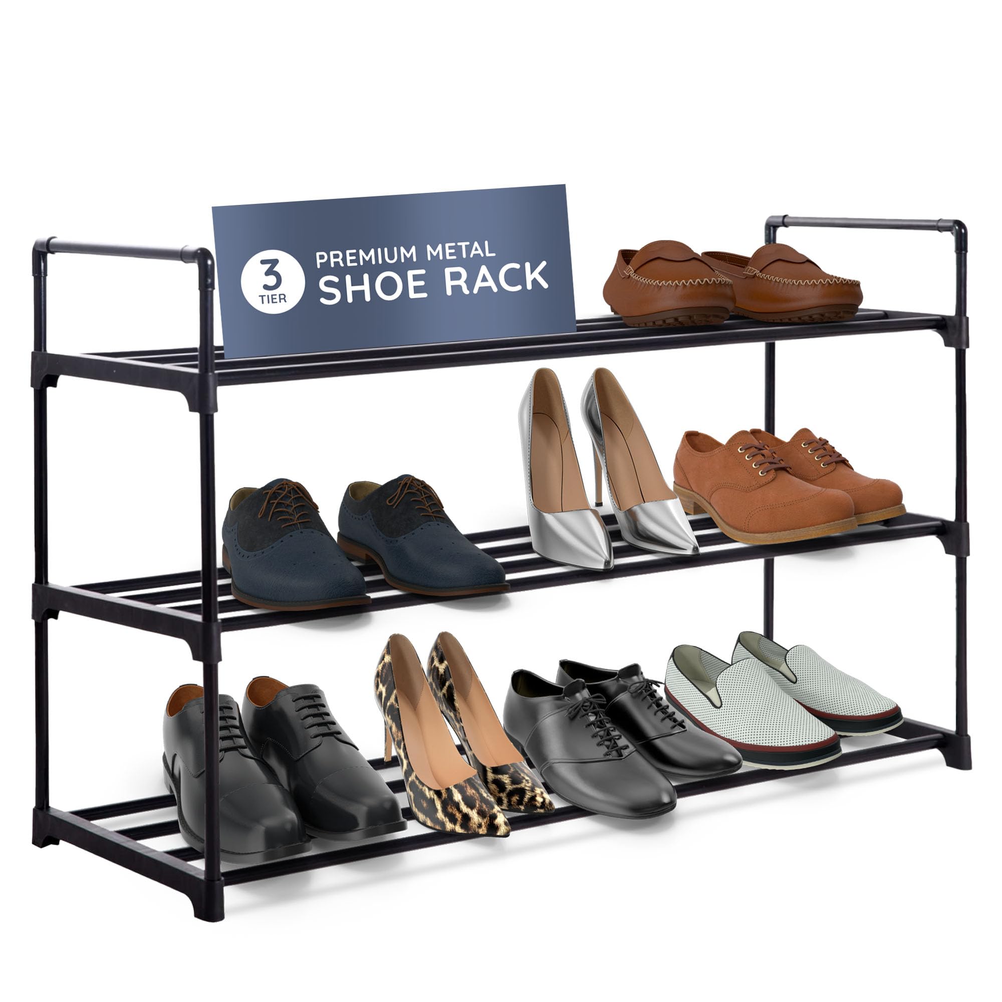 CUQOO 3 Tier Shoe Rack – Metal Shoe Organiser for Small Spaces, Space-Saving Shoe Storage Shelf for Hallway, Bedroom & Entryway, Sturdy Compact Shoes Stand for Home, Stackable Shoe Racks for Storage