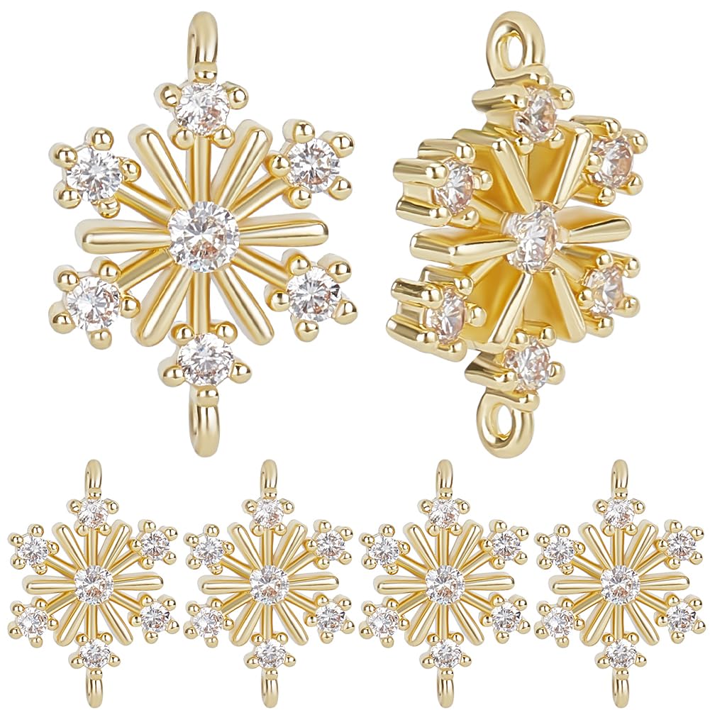 Beebeecraft Snowflake Charms Real 18K Gold Plated Brass Cubic Zirconia Christmas Snow Connector for DIY Bracelet Jewelry Making