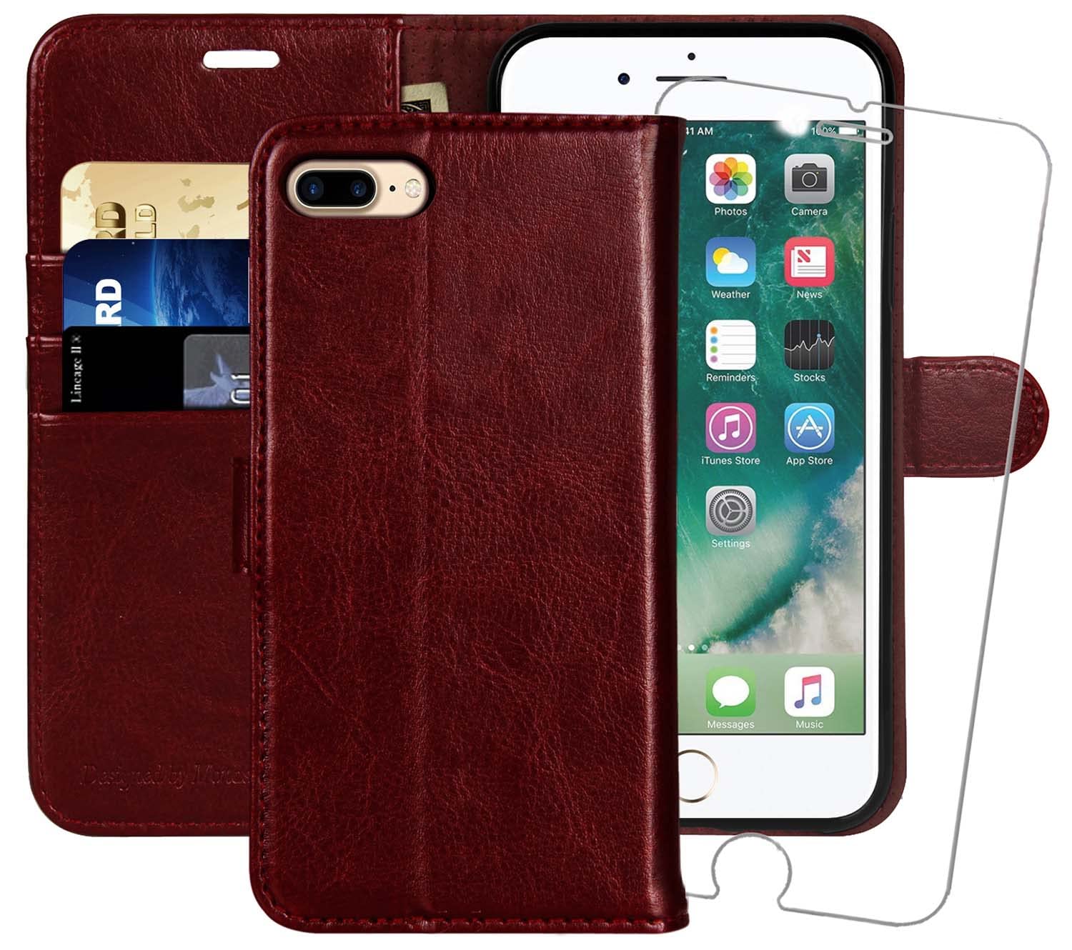 MONASAY Wallet Case for iPhone 7 Plus Wallet Case/iPhone 8 Plus,5.5 -inch [Glass Screen Protector Included] Flip Folio Leather Cell Phone Cover with Credit Card Holder,Burgundy — image 1