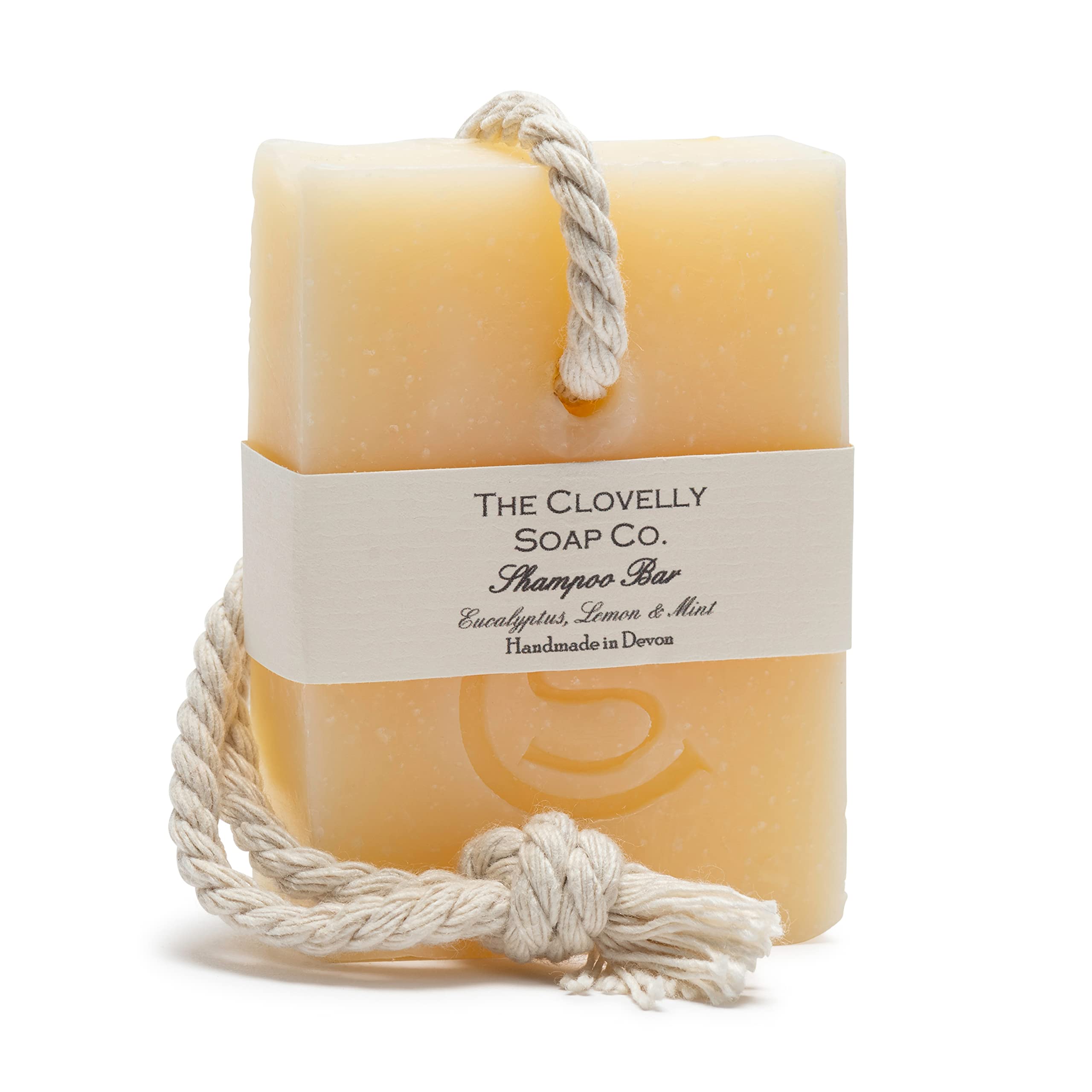 Clovelly Soap Co Natural Handmade Shampoo Soap on a Rope Bar with Eucalyptus mint and Lemon for Dry-Normal Hair and Scalp 100g