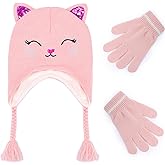 Girl Knit Cat Ear Beanie Hat and Glove Set Kids Winter Earflap with Braided Ski Skull Cap Mitten Set Age 3-7