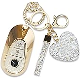 Simocky Key Fob Cover with Diamond Keychain for Mercedes Benz Car Key Shell Compatible with 2020-2022 Benz S-Class G-Class E-Class Smart Remote Key Protector for Women (3 Buttons-Gold Heart)