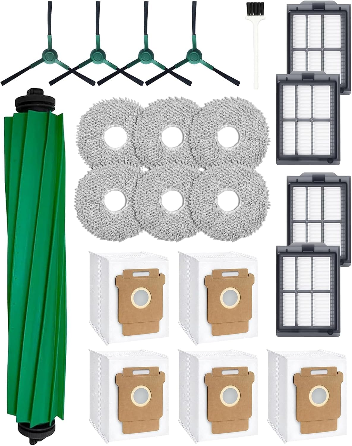 iRobacc 21 Pcs Replacement Parts for iRobot Roomba Plus 405/505/507 Combo Robot Vacuum Cleaner: 1 Main Brush, 4 Side Brushes, 4 HEPA Filters, 5 Dust Bags, 6 Mop Pads, 1 Cleaning Brush