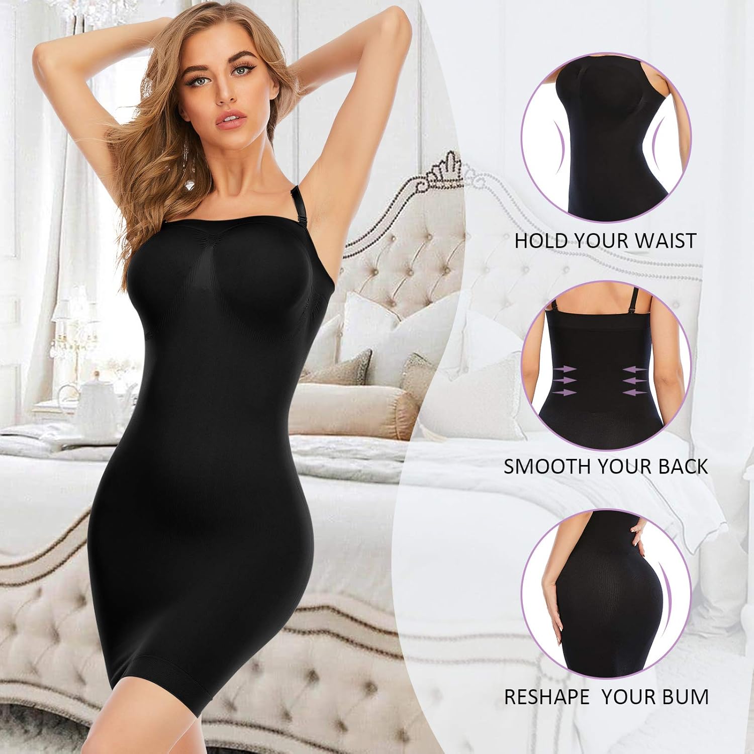 Seamless Strapless Shapewear Slip for Women Tummy Control Full Body Shaper Slip Under Dress (Black, Large) at  Women’s Clothing store