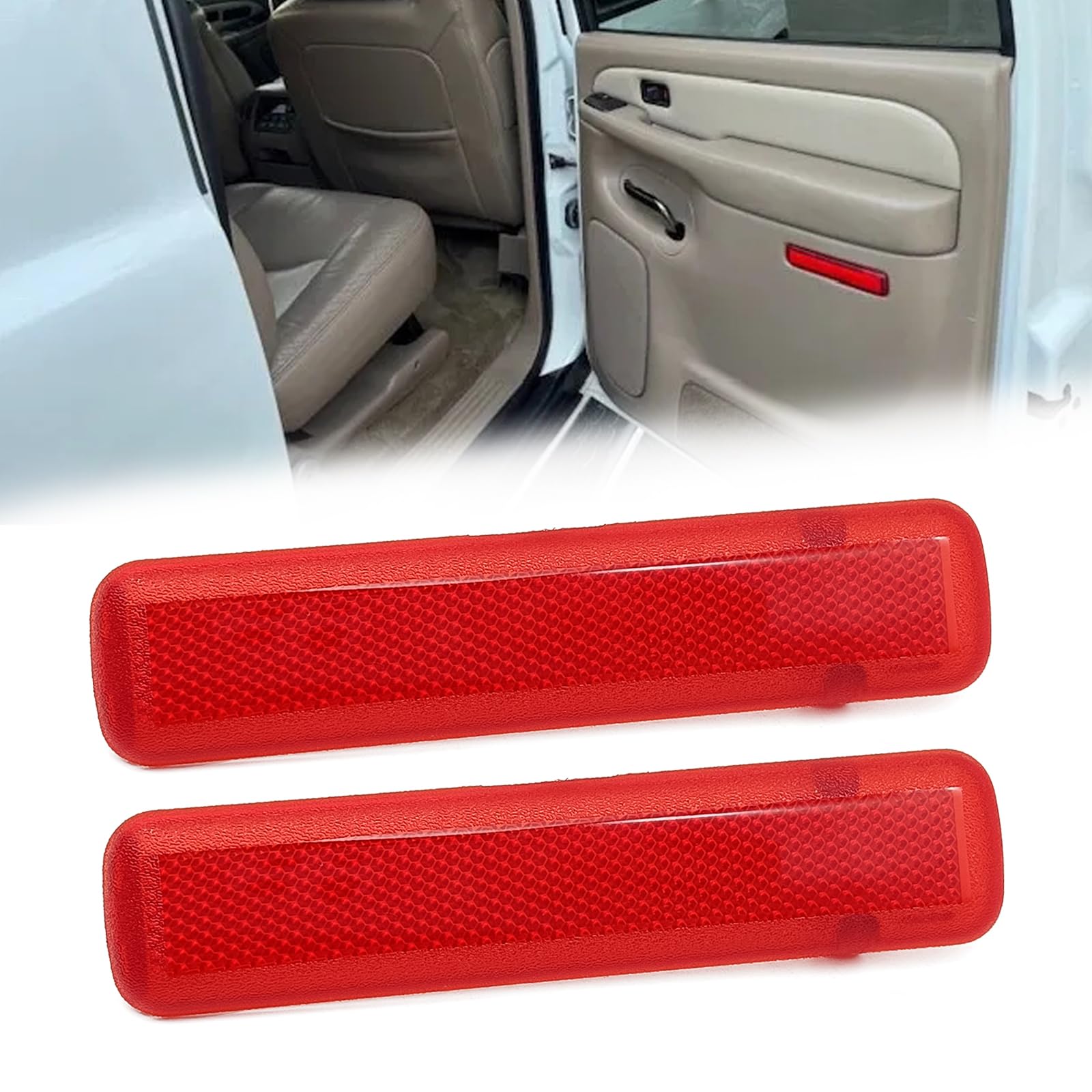 Photo 1 of 1 Pair Rear Left Driver and Right Passenger Side Door Red Reflector Panel, Safety Alert Light Cover, Compatible with Chevrolet GMC Yukon 2003-2007, Replaces Part # 15183155, 15183156